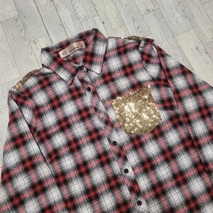 Women's E2 Western Plaid Sequin White Gold Rodeo Cowgirl Shirt Size Medium